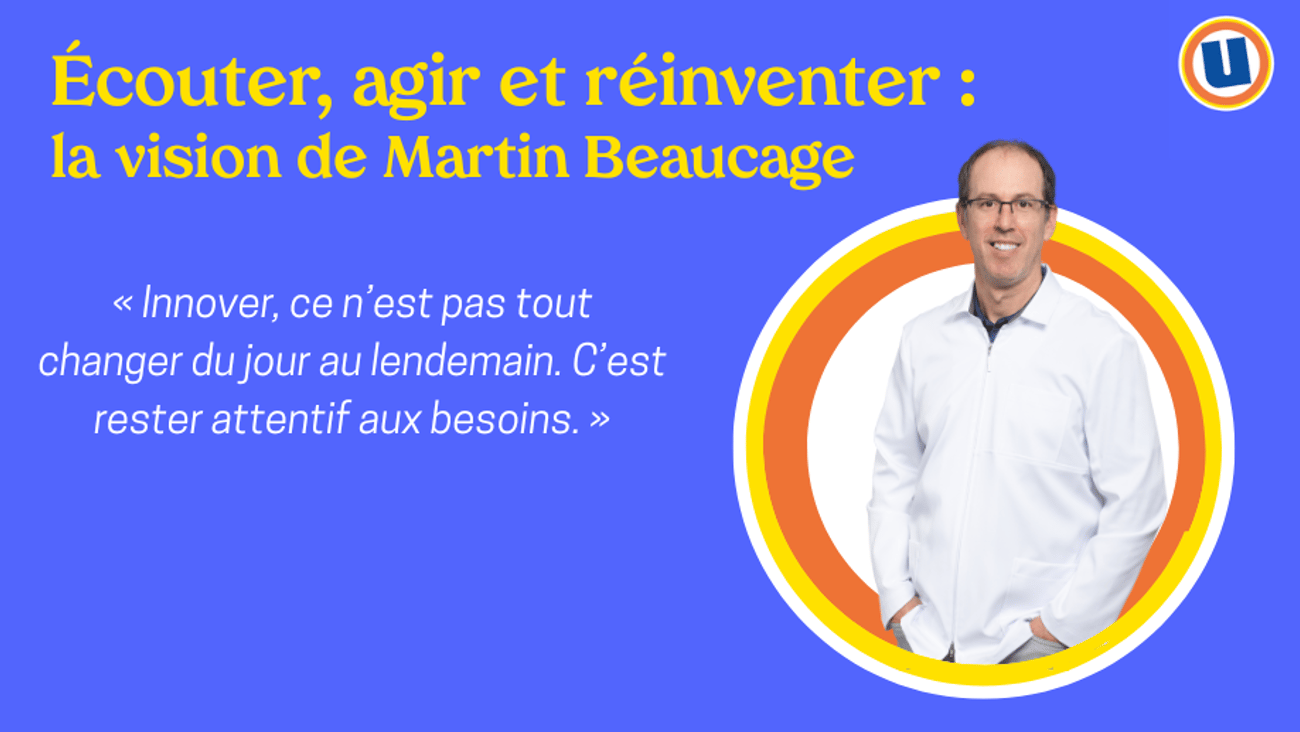 Portrait stylisé de Martin Beaucage avec le texte : Écouter, agir et réinventer : la vision de Martin Beaucage « L'innovation ne signifie pas tout changer du jour au lendemain. Elle signifie rester attentif aux besoins. »