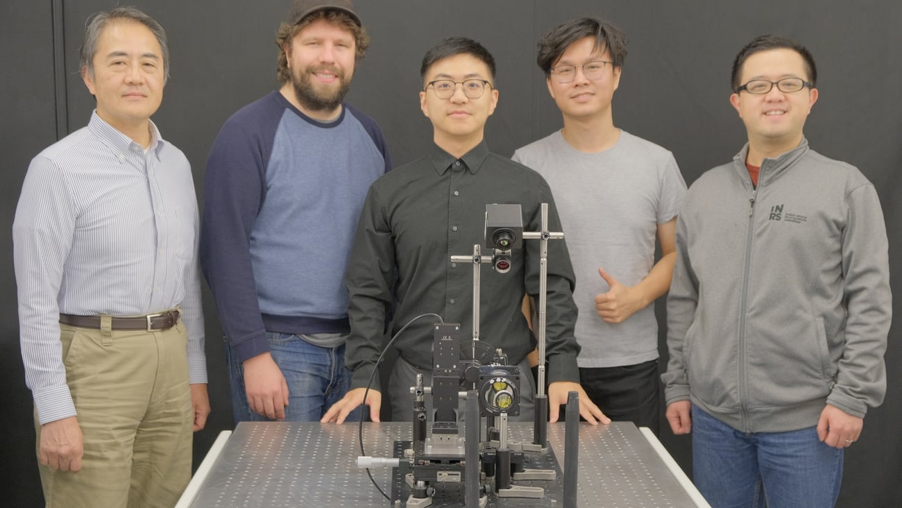 De gauche à droite: Tsuneyuki Ozaki, Patrick Kilcullen, Cheng Jiang, Yingming Lai et Jinyang Liang devant la technologie SPIRIT. (Crédit photo: Cheng Jiang, INRS)