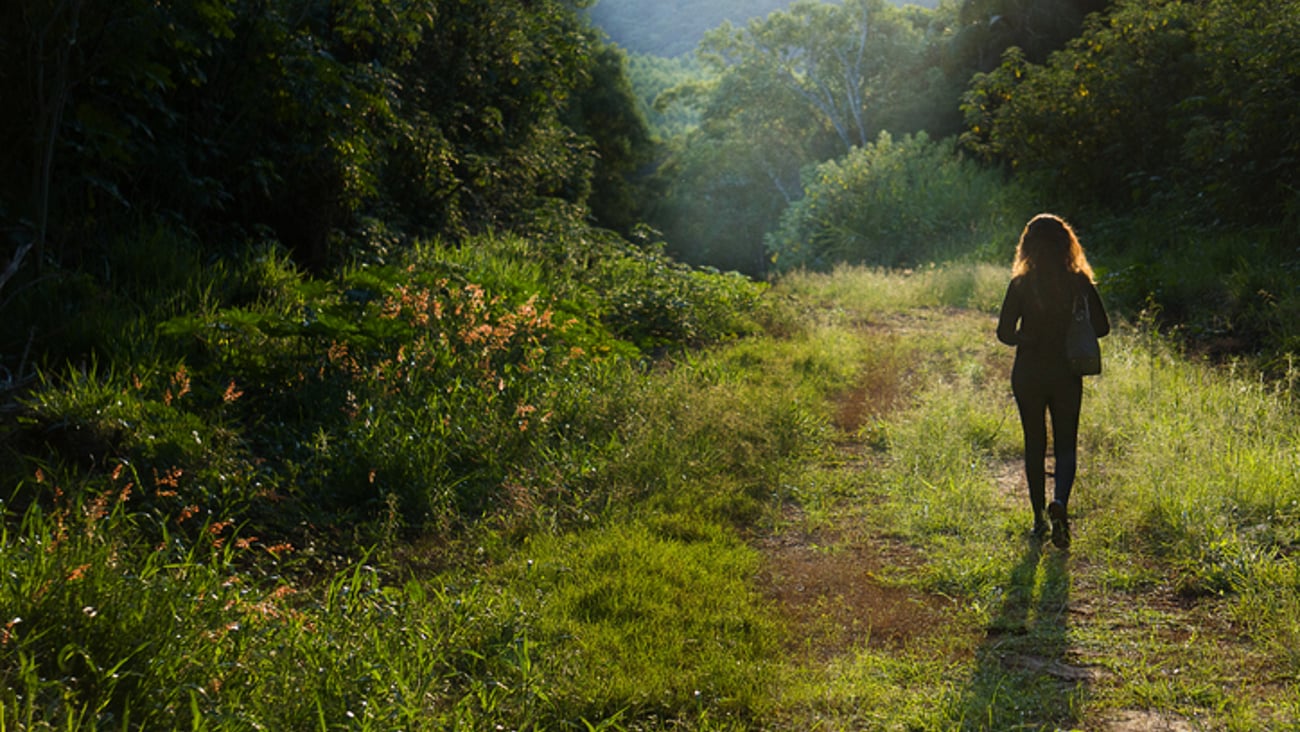 Une femme marche dans la nature.