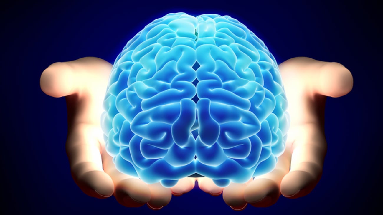 Un cerveau lumineux bleu est tenu dans des mains.