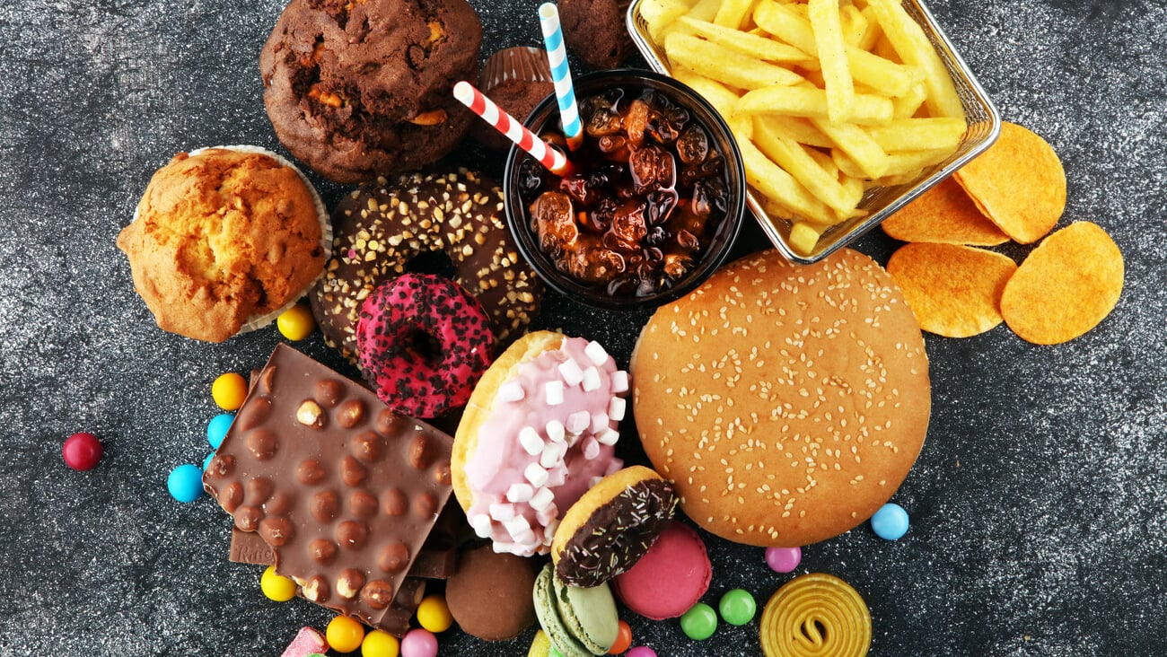 Unhealthy products. food bad for figure, skin, heart and teeth. Assortment of fast carbohydrates food. ; Shutterstock ID 1043372752