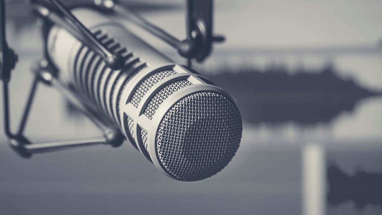 Professional microphone and sound wave form; Shutterstock ID 1337816078