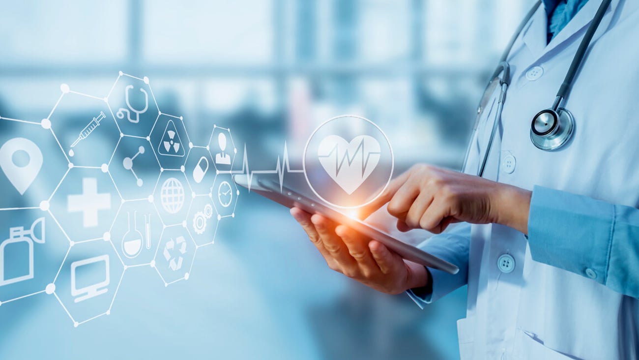 Medicine doctor touching tablet with  digital healthcare and network connection and hologram modern virtual screen interface icons, Medical technology and futuristic concept.; Shutterstock ID 1726778695