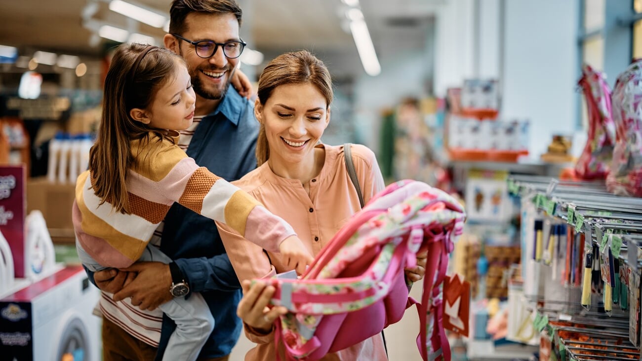 Little girl and her parents choosing backpack for school while shopping in the store together.; Shutterstock ID 2195152737