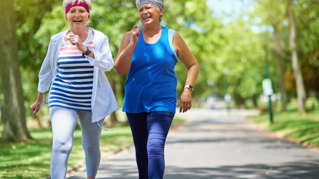 Deux femmes aînées font du jogging dans un parc, l'été.