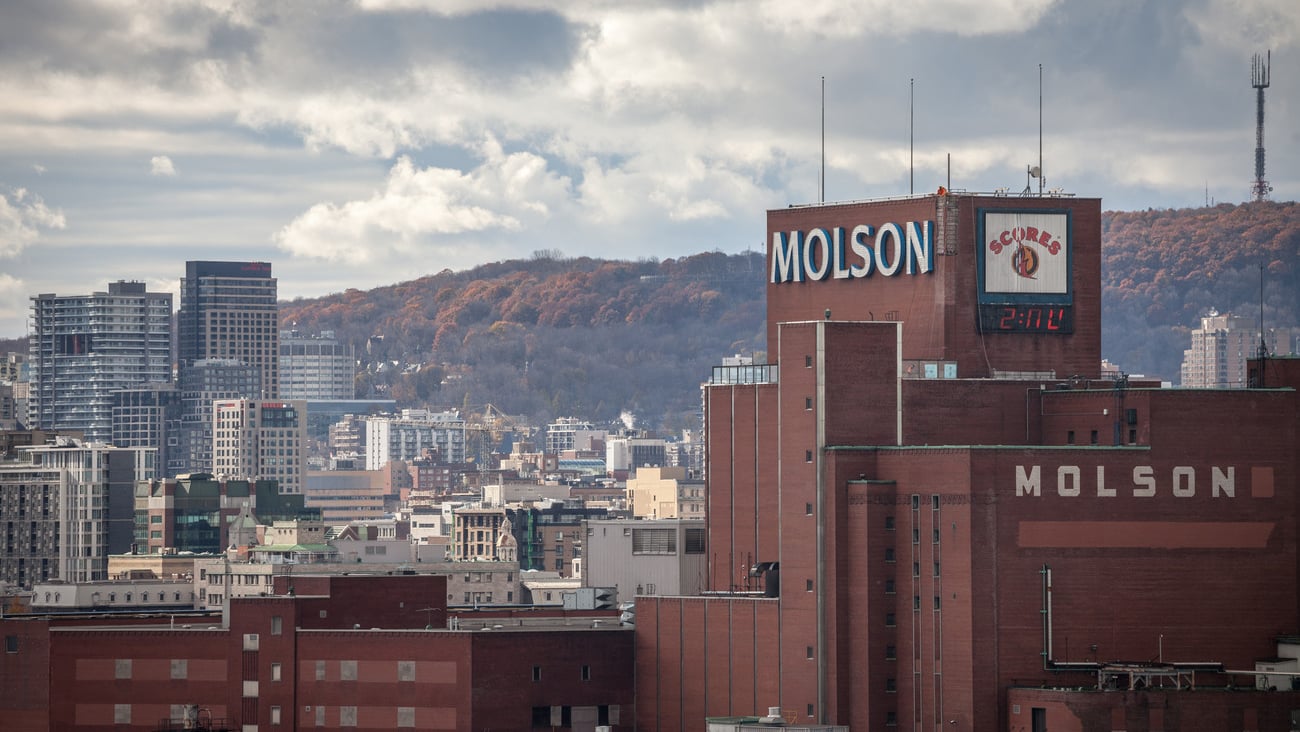 MONTREAL, CANADA - NOVEMBER 8, 2018: Molson Coors logo on Molson Brewery brick tower in downtown Montreal, Quebec. It is one of the biggest beer producers in the world, & a landmark..; Shutterstock ID 1291154140