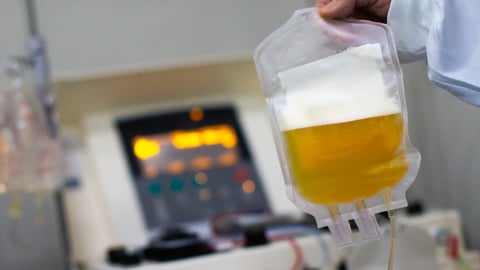 un médecin tient une poche de plasma sanguin