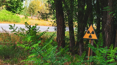 Un panneau indique une zonne de radiation à Tchernobyl, Ukraine.