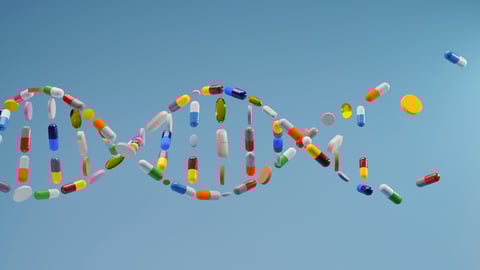 Une molécule d'ADN faite en médicaments, représentant la pharmacogénomique