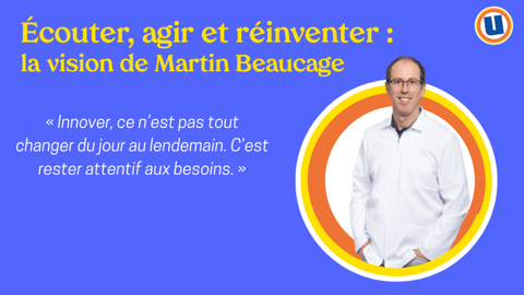 Portrait stylisé de Martin Beaucage avec le texte : Écouter, agir et réinventer : la vision de Martin Beaucage « L'innovation ne signifie pas tout changer du jour au lendemain. Elle signifie rester attentif aux besoins. »