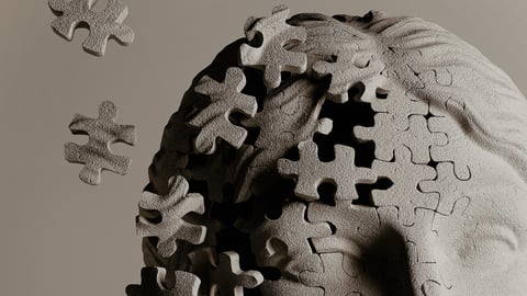 Visage composé de morceaux de casse-tête qui s'envolent