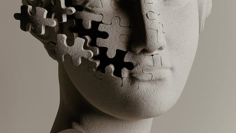 Visage composé de morceaux de casse-tête qui s'envolent