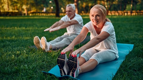 Senior couple is doing sport outdoors. Stretching in park during sunrise. Doing yoga together. Healthy lifestyle concept; Shutterstock ID 1195904440