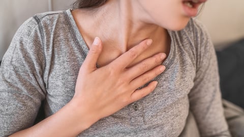 COVID-19 shortness of breath pneumonia woman with Corona virus symptoms such as, fever, body aches breathing difficulties.; Shutterstock ID 1689699829