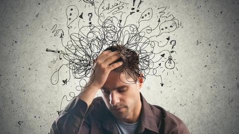 Adult man feels stress and anxiety with drawing illustrations; Shutterstock ID 1898488435