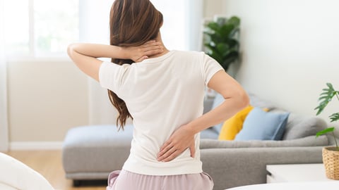 Pain body muscles stiff problem, asian young woman painful back, neck ache from work hand holding massaging rubbing shoulder hurt, sore sitting on bed while wake up at home. Health care and medicine.; Shutterstock ID 2325939313