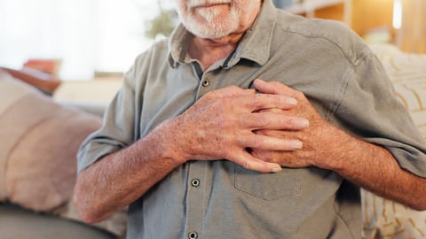 Old man, home and hands on chest for heart attack, pain and hypertension stress or lung fail. Elderly person, medical issue and cardiovascular disease or artery pressure, asthma and cardiac arrest; Shutterstock ID 2486702355