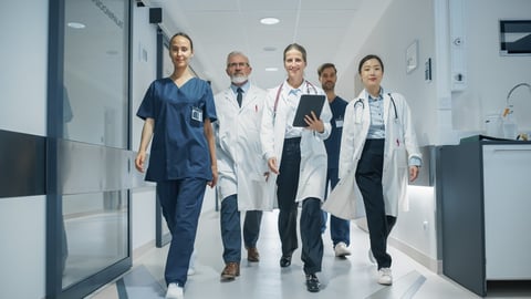 Group of Young and Senior Male and Female Physicians, Doctors, Surgeons, Nurses, General Practitioners, Posing in a Hospital Hallway, Walking Together, Ready to Save Lives; Shutterstock ID 2557673831
